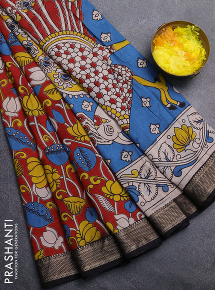 Kalamkari semi silk saree maroon and black with allover prints and mangalgiri border