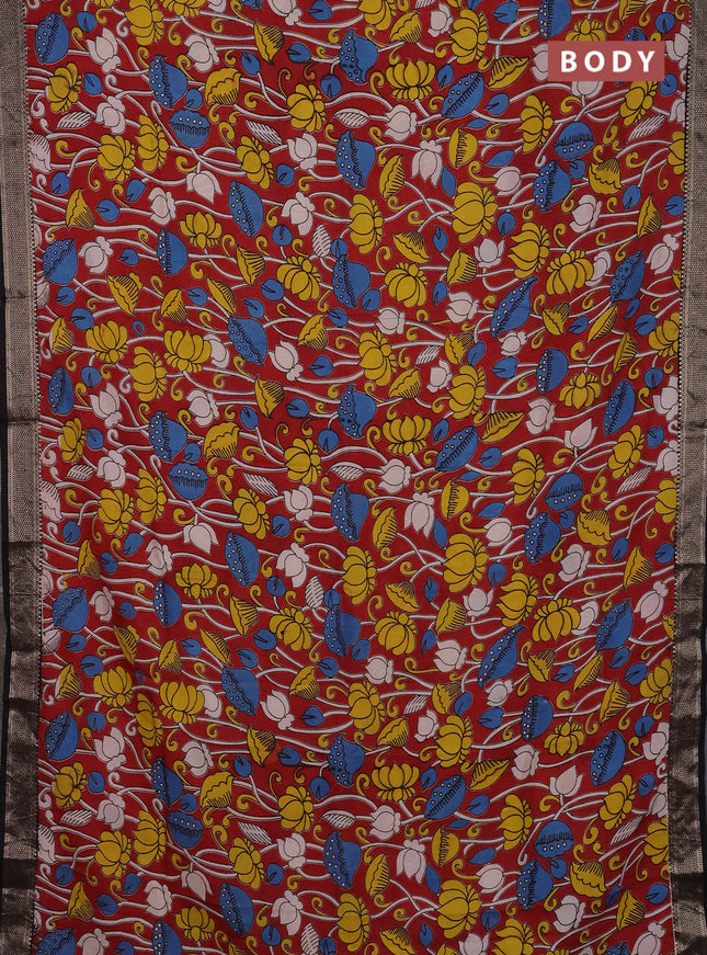 Kalamkari semi silk saree maroon and black with allover prints and mangalgiri border