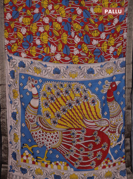 Kalamkari semi silk saree maroon and black with allover prints and mangalgiri border