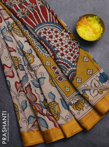 Kalamkari semi silk saree beige and mustard yellow with allover prints and mangalgiri border