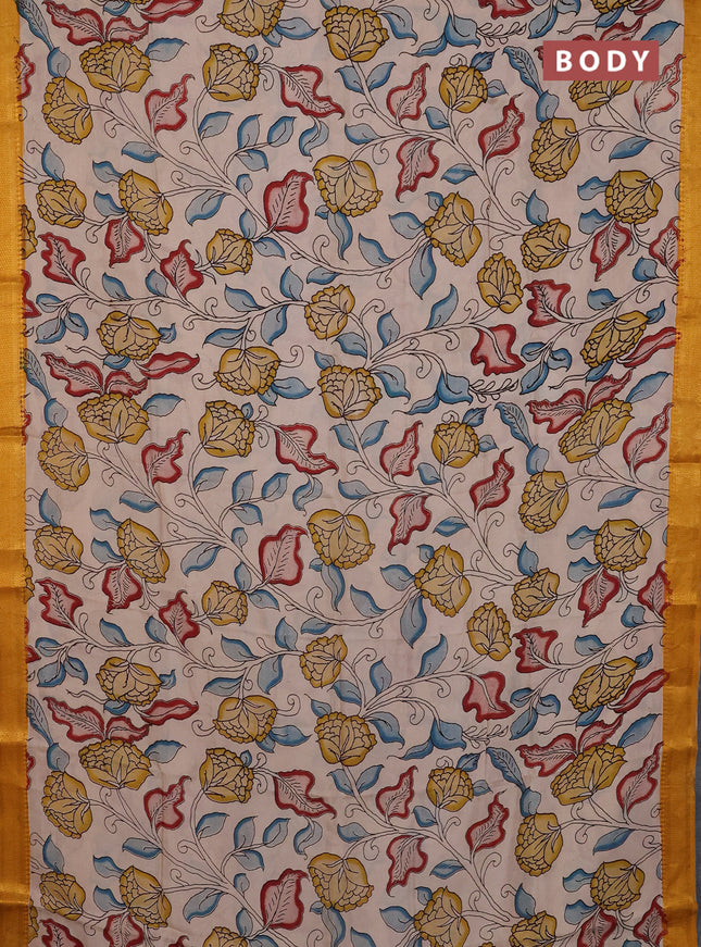 Kalamkari semi silk saree beige and mustard yellow with allover prints and mangalgiri border