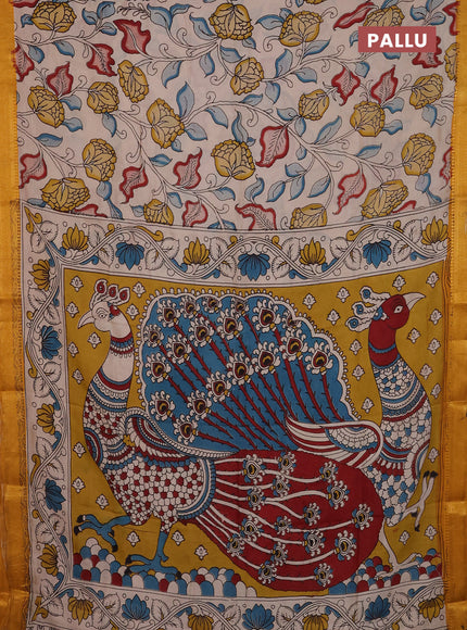 Kalamkari semi silk saree beige and mustard yellow with allover prints and mangalgiri border