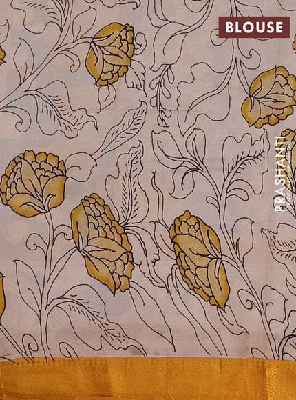 Kalamkari semi silk saree beige and mustard yellow with allover prints and mangalgiri border