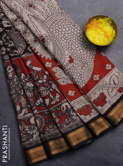 Kalamkari semi silk saree maroon and black with allover prints and mangalgiri border
