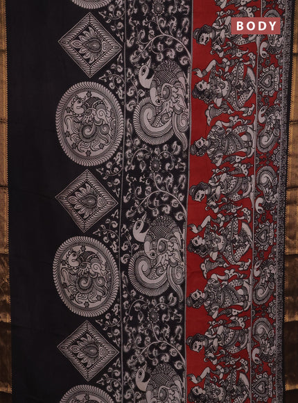 Kalamkari semi silk saree maroon and black with allover prints and mangalgiri border