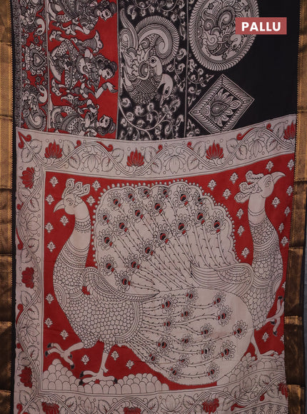 Kalamkari semi silk saree maroon and black with allover prints and mangalgiri border