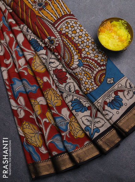 Kalamkari semi silk saree maroon and black with allover prints and mangalgiri border