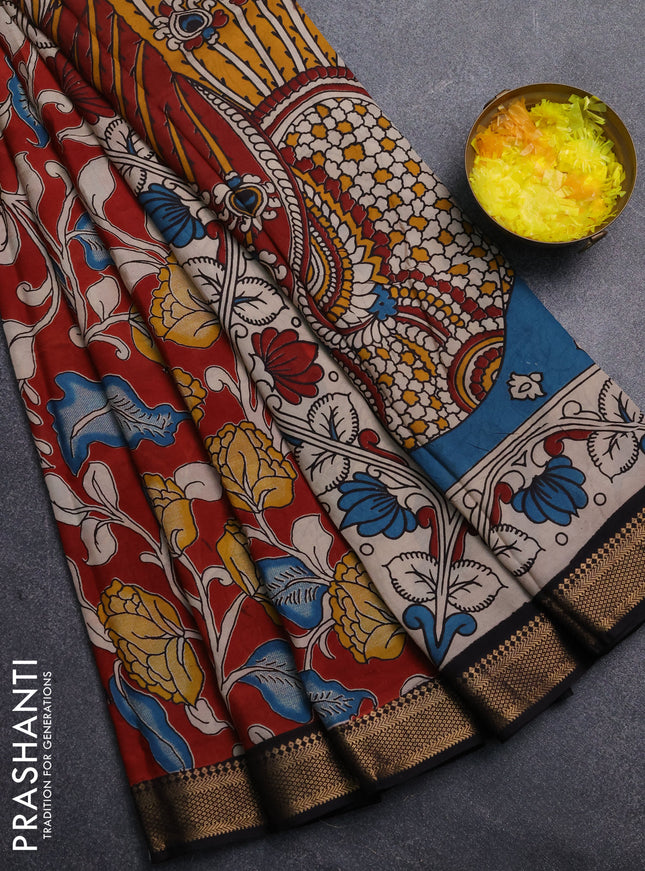 Kalamkari semi silk saree maroon and black with allover prints and mangalgiri border