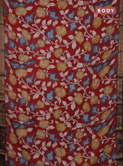 Kalamkari semi silk saree maroon and black with allover prints and mangalgiri border