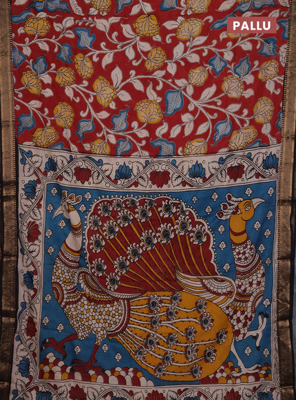 Kalamkari semi silk saree maroon and black with allover prints and mangalgiri border