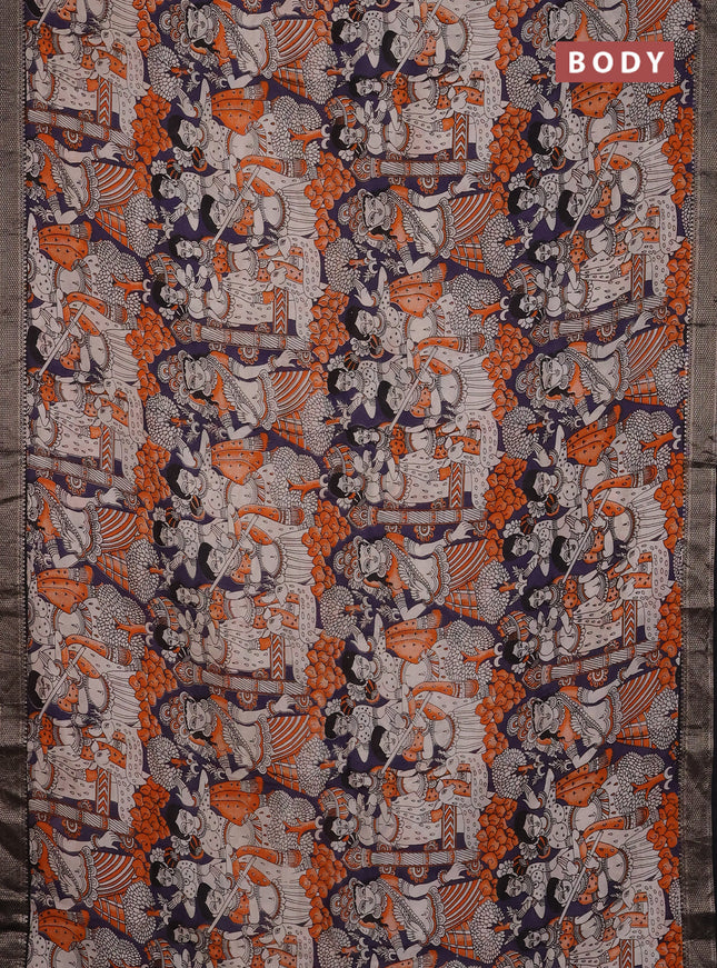 Kalamkari semi silk saree deep violet and black with allover prints and mangalgiri border