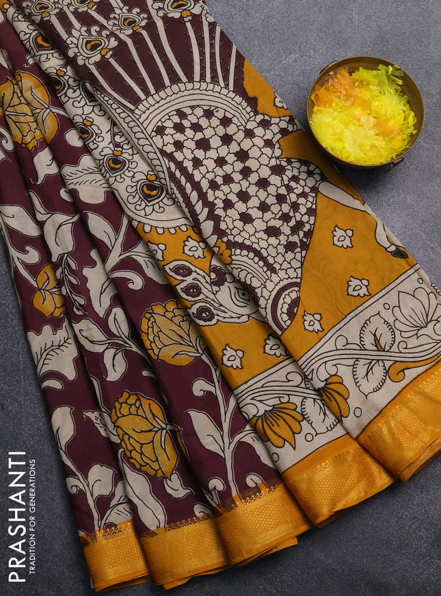 Kalamkari semi silk saree wine shade and mustard yellow with allover prints and mangalgiri border