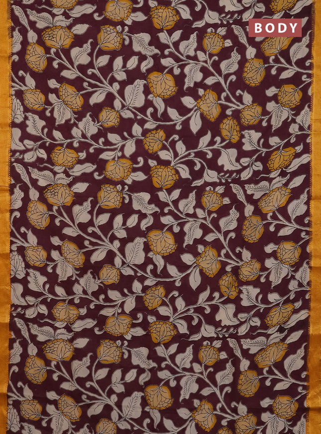 Kalamkari semi silk saree wine shade and mustard yellow with allover prints and mangalgiri border