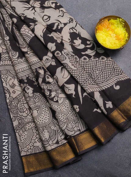 Kalamkari semi silk saree beige  and black with allover prints and mangalgiri border