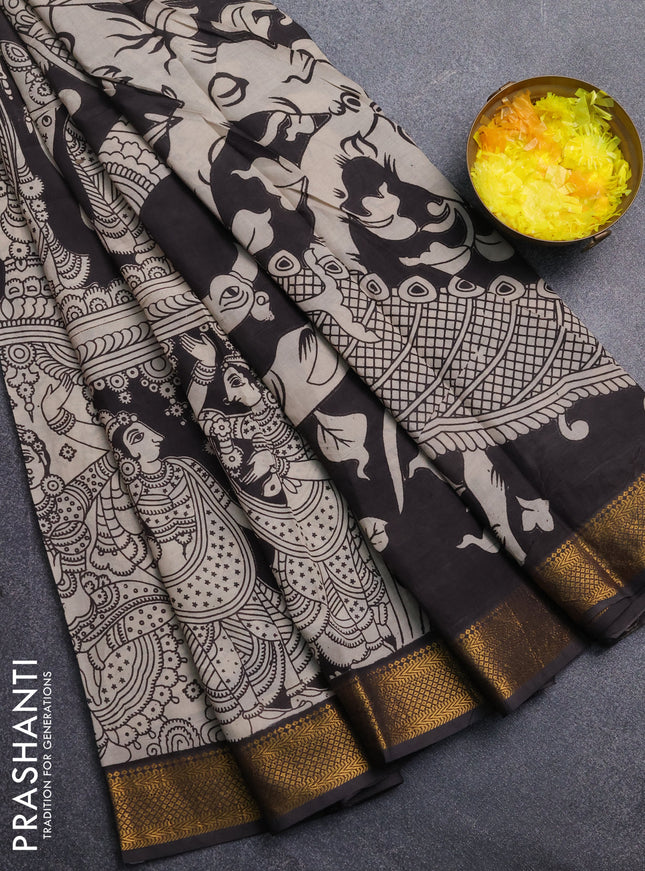 Kalamkari semi silk saree beige  and black with allover prints and mangalgiri border