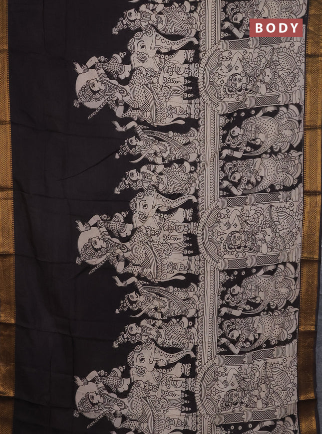 Kalamkari semi silk saree beige  and black with allover prints and mangalgiri border