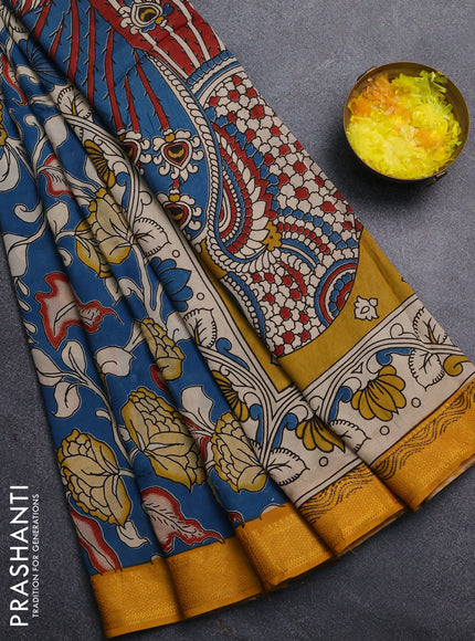 Kalamkari semi silk saree peacock blue and mustard yellow with allover prints and mangalgiri border