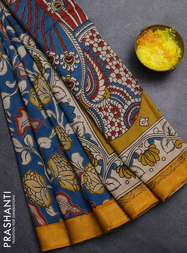 Kalamkari semi silk saree peacock blue and mustard yellow with allover prints and mangalgiri border