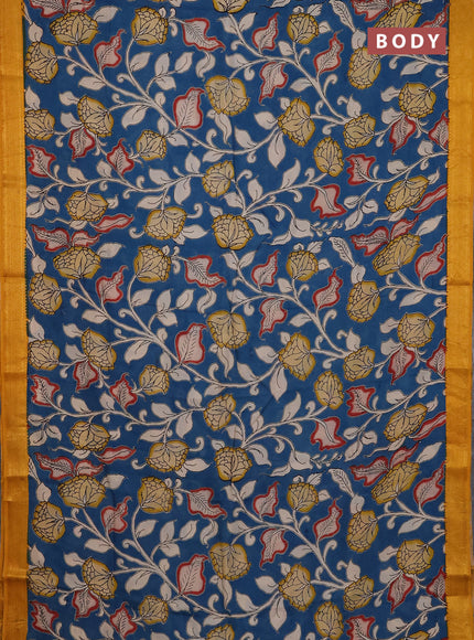 Kalamkari semi silk saree peacock blue and mustard yellow with allover prints and mangalgiri border
