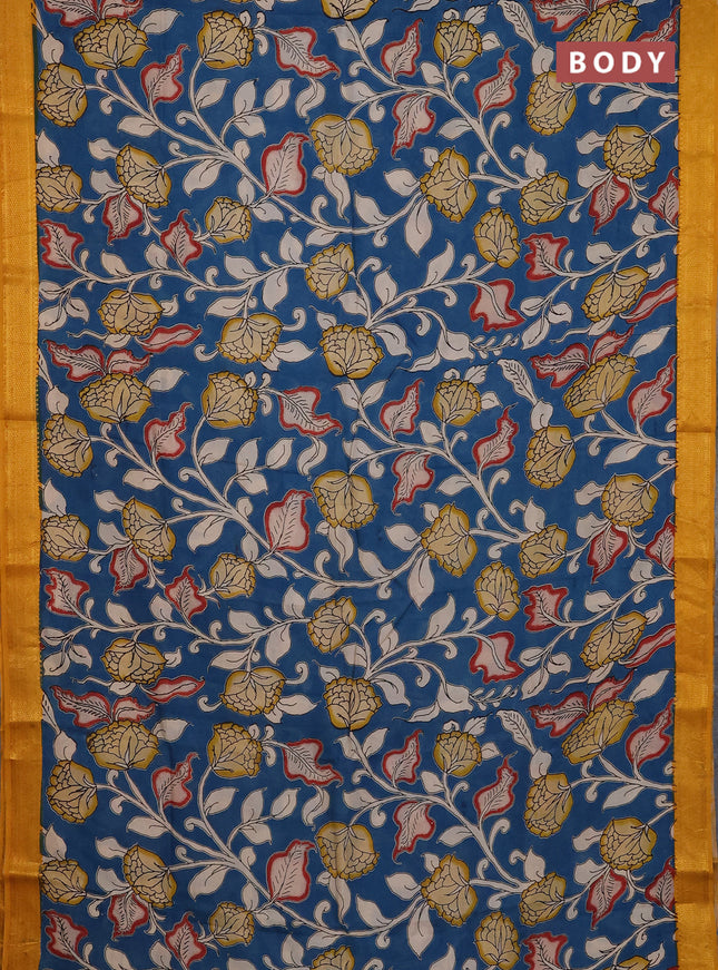 Kalamkari semi silk saree peacock blue and mustard yellow with allover prints and mangalgiri border