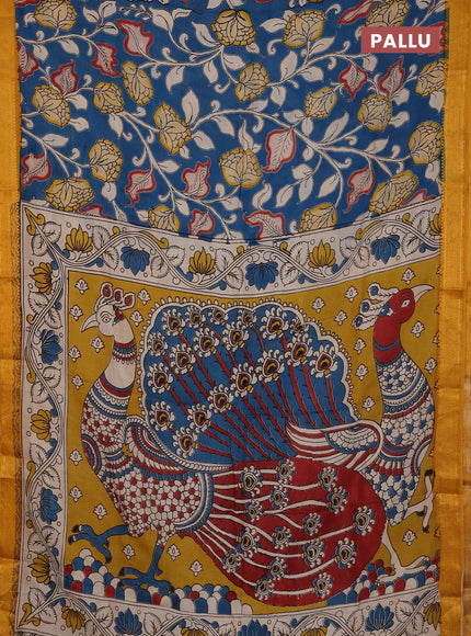 Kalamkari semi silk saree peacock blue and mustard yellow with allover prints and mangalgiri border