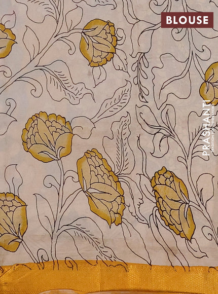 Kalamkari semi silk saree peacock blue and mustard yellow with allover prints and mangalgiri border