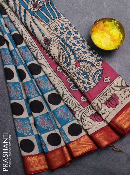 Kalamkari semi silk saree beige teal blue and maroon with allover prints and mangalgiri border