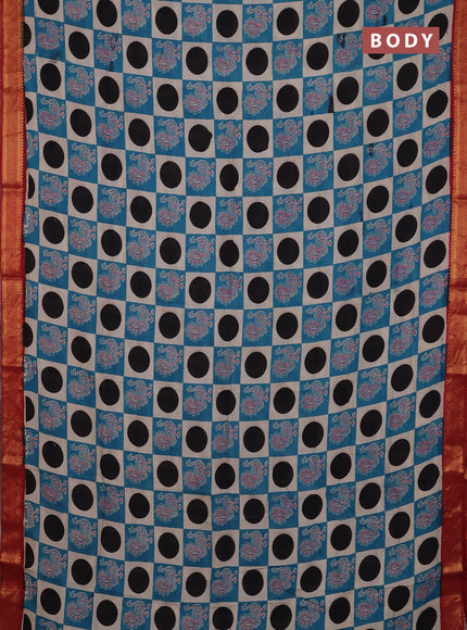 Kalamkari semi silk saree beige teal blue and maroon with allover prints and mangalgiri border