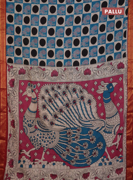 Kalamkari semi silk saree beige teal blue and maroon with allover prints and mangalgiri border