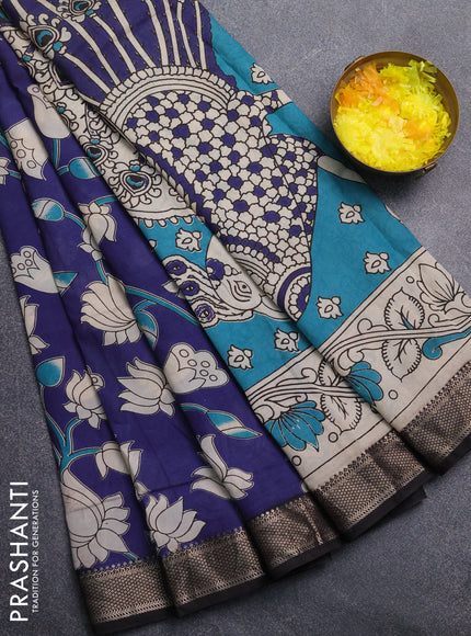 Kalamkari semi silk saree blue and black with allover prints and mangalgiri border
