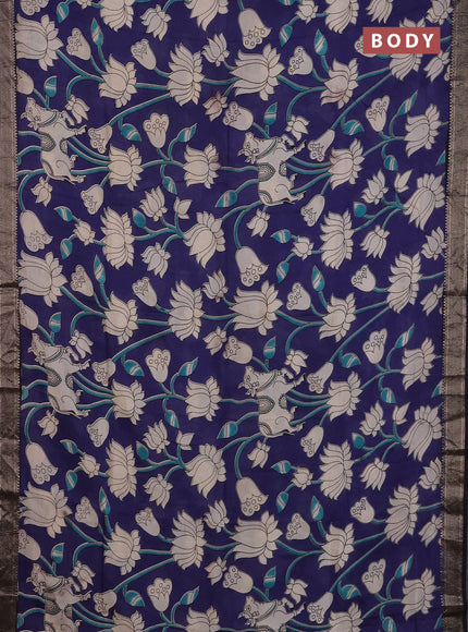Kalamkari semi silk saree blue and black with allover prints and mangalgiri border