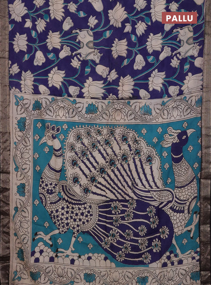 Kalamkari semi silk saree blue and black with allover prints and mangalgiri border