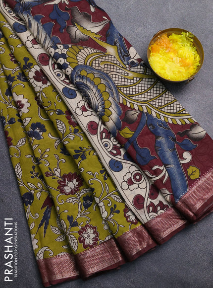 Kalamkari semi silk saree mehendi green and wine shade with allover prints and mangalgiri border