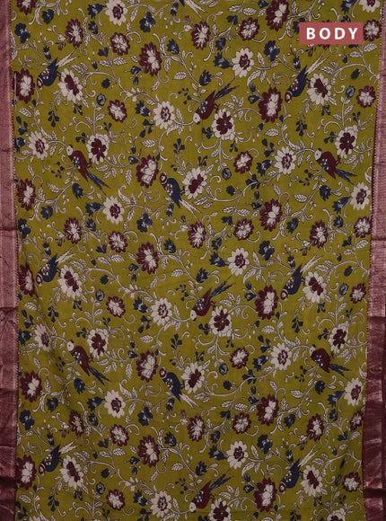 Kalamkari semi silk saree mehendi green and wine shade with allover prints and mangalgiri border