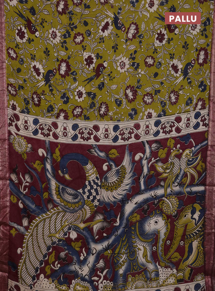 Kalamkari semi silk saree mehendi green and wine shade with allover prints and mangalgiri border