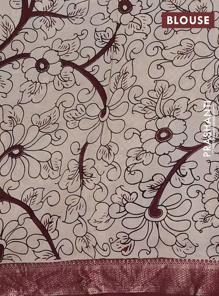 Kalamkari semi silk saree mehendi green and wine shade with allover prints and mangalgiri border