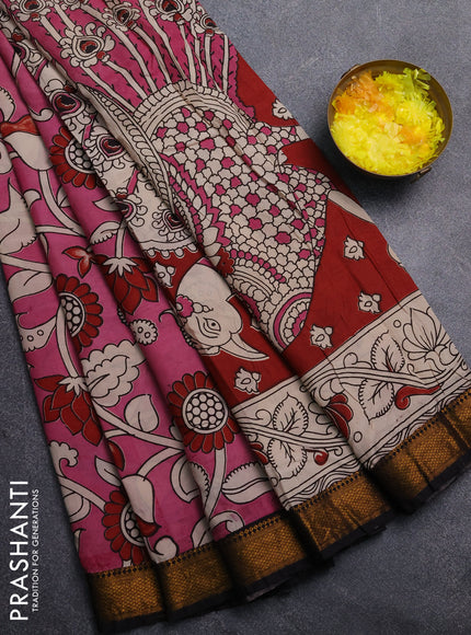 Kalamkari semi silk saree mauve pink and black with allover prints and mangalgiri border