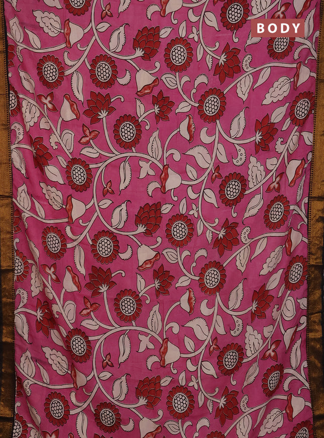 Kalamkari semi silk saree mauve pink and black with allover prints and mangalgiri border