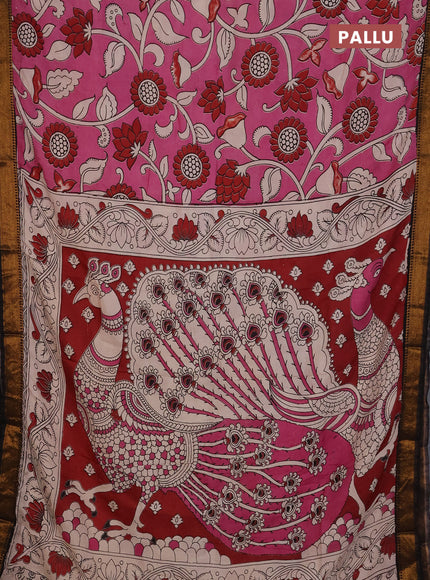 Kalamkari semi silk saree mauve pink and black with allover prints and mangalgiri border