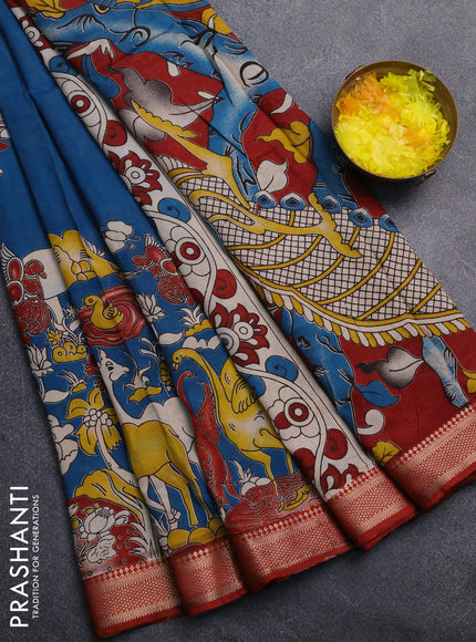 Kalamkari semi silk saree peacock blue and maroon with allover prints and mangalgiri border