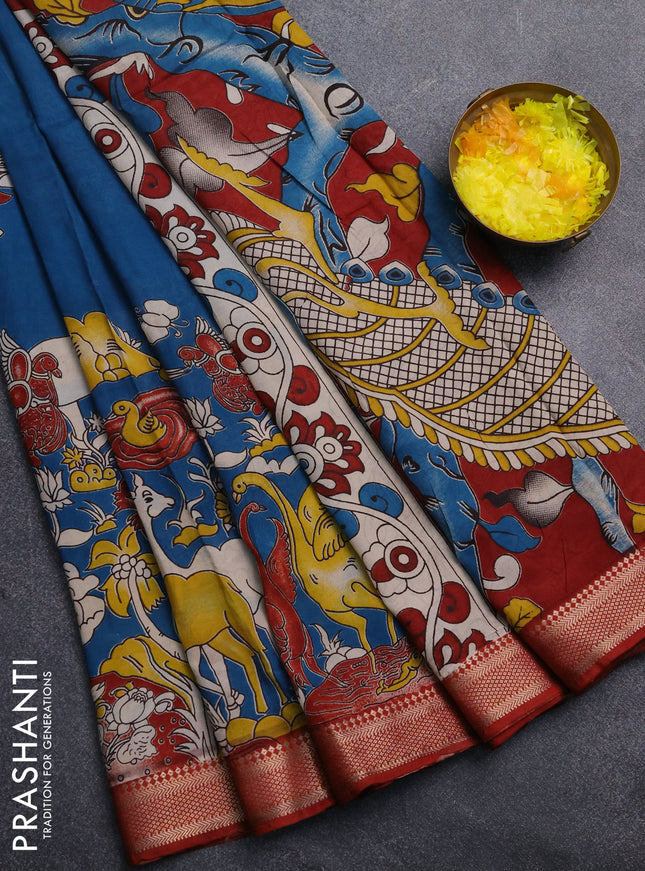 Kalamkari semi silk saree peacock blue and maroon with allover prints and mangalgiri border