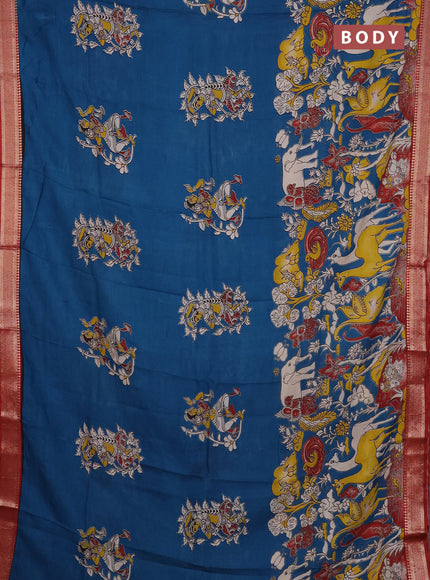 Kalamkari semi silk saree peacock blue and maroon with allover prints and mangalgiri border