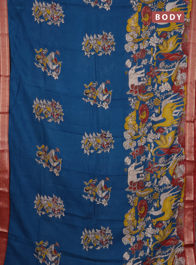 Kalamkari semi silk saree peacock blue and maroon with allover prints and mangalgiri border