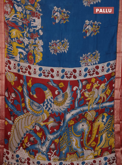 Kalamkari semi silk saree peacock blue and maroon with allover prints and mangalgiri border