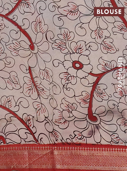 Kalamkari semi silk saree peacock blue and maroon with allover prints and mangalgiri border