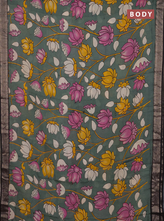 Kalamkari semi silk saree pastel green and black with allover prints and mangalgiri border