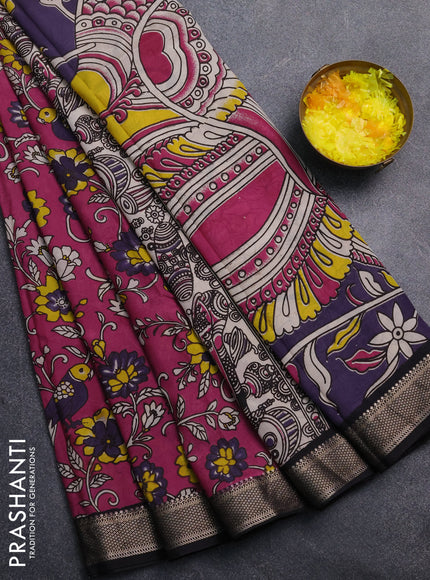 Kalamkari semi silk saree magenta pink and black with allover prints and mangalgiri border
