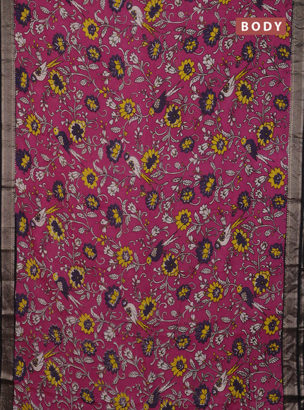Kalamkari semi silk saree magenta pink and black with allover prints and mangalgiri border