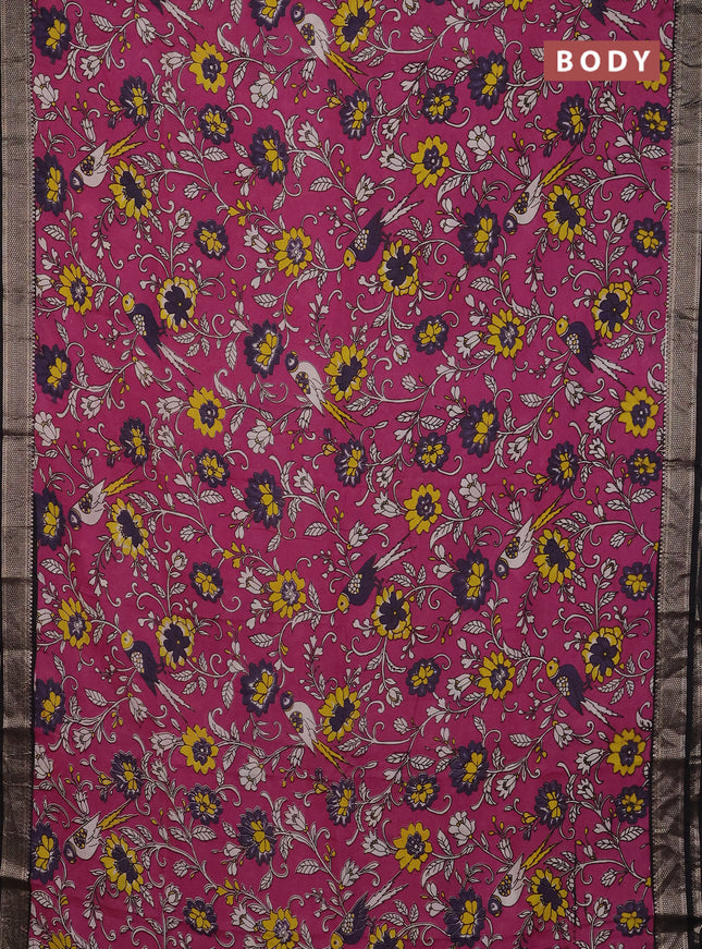 Kalamkari semi silk saree magenta pink and black with allover prints and mangalgiri border