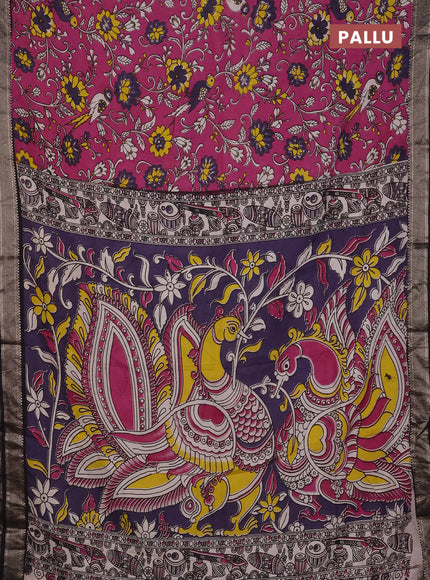 Kalamkari semi silk saree magenta pink and black with allover prints and mangalgiri border